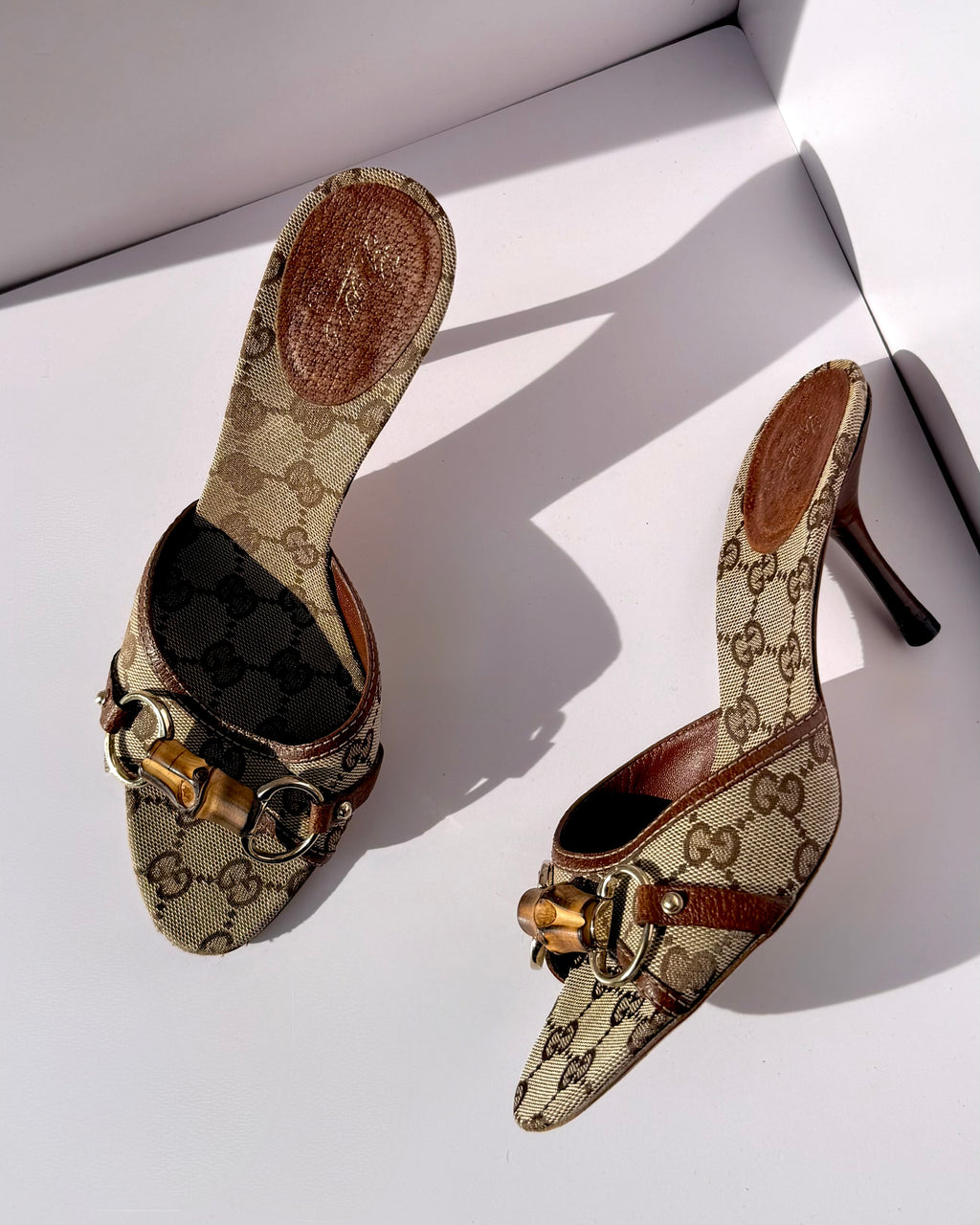 Gucci by Tom Ford brown monogram bamboo horsebit heels