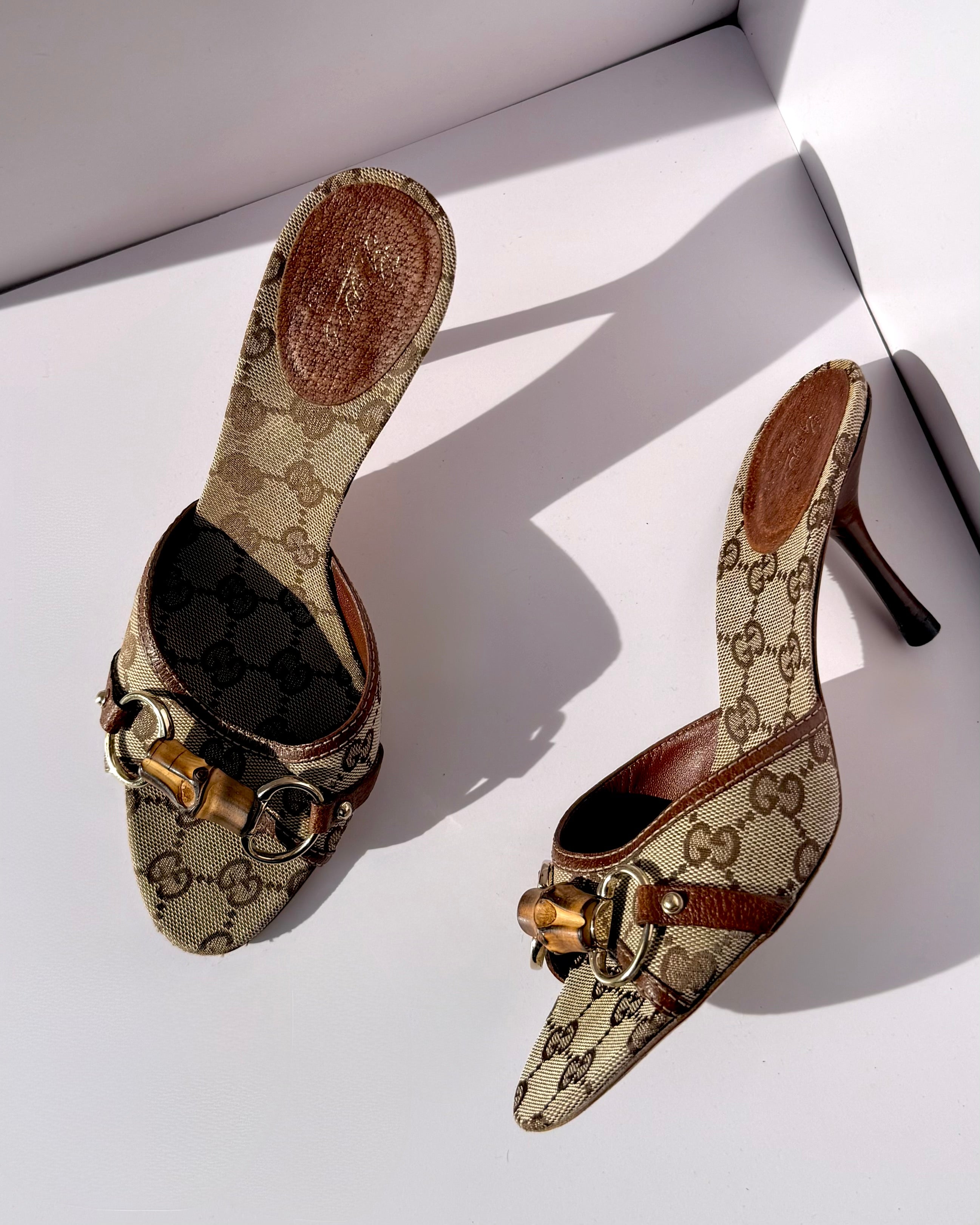 Gucci by Tom Ford brown monogram bamboo horsebit heels