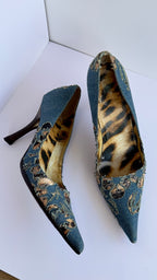 Roberto Cavalli  décolleté vintage in denim con ricamo floreale e interno animalier