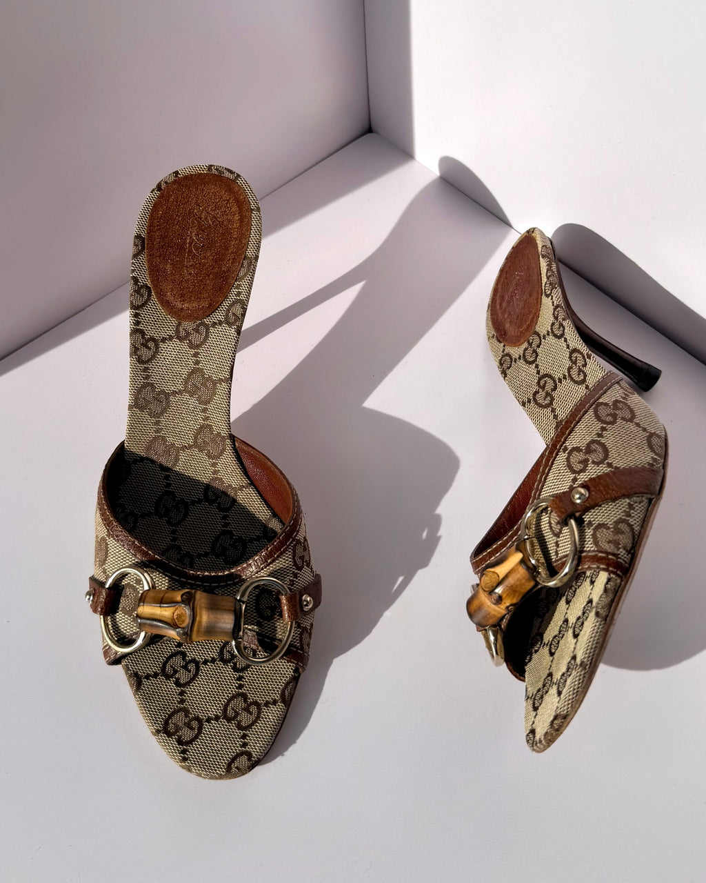 Gucci by Tom Ford brown monogram bamboo horsebit heels