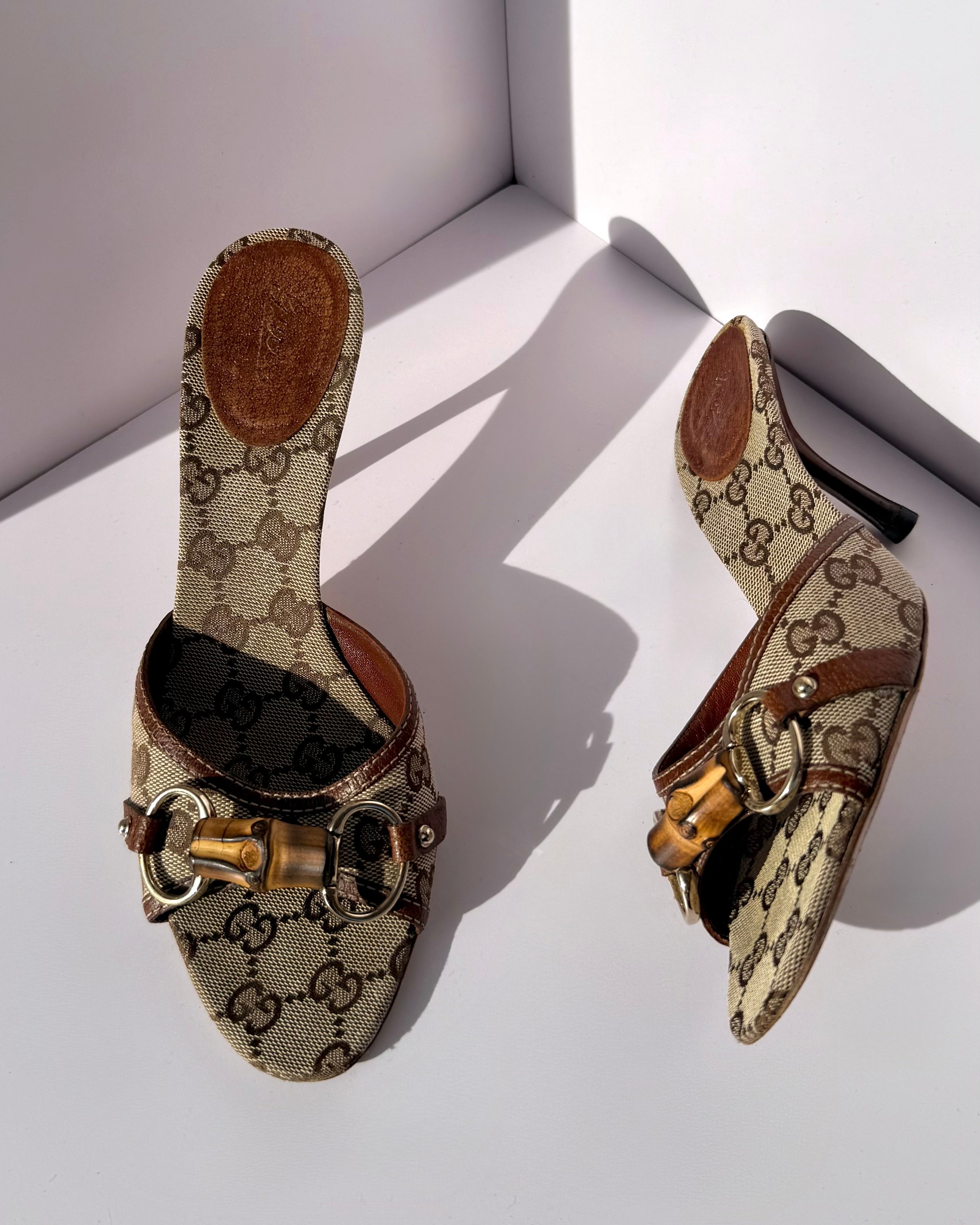 Gucci by Tom Ford brown monogram bamboo horsebit heels